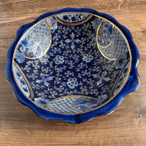 Vintage Cobalt Blue Porcelain Bowl, Floral Gold Gilt Imari Style, Made in China - Picture 3 of 11